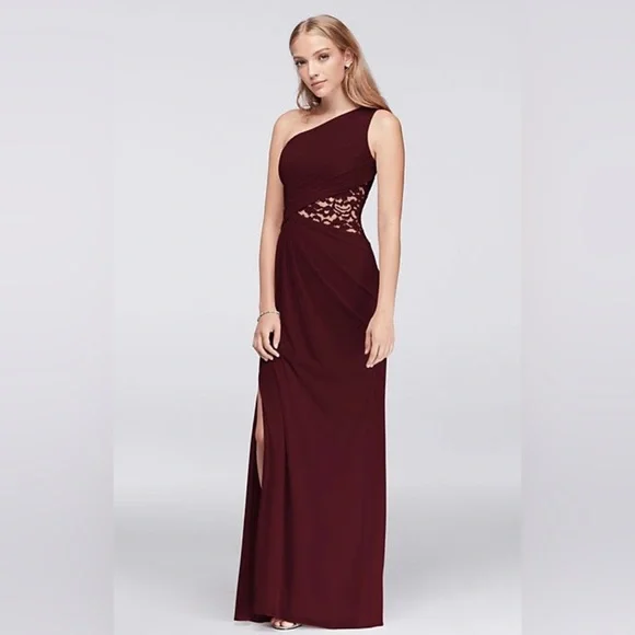 one shoulder mesh dress with lace inset One Shoulder Draped Lace Maxi Dress White